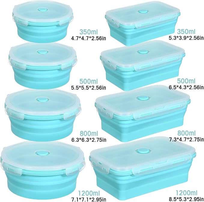 Yaomiao 16 Pack Collapsible Food Storage Containers with Lid Air Vent Foldable 8 Rectangle Storage Bowl and 8 Round Silicone Food Bow for Lunch Camping Rv Accessories Microwave Freezer(Blue)