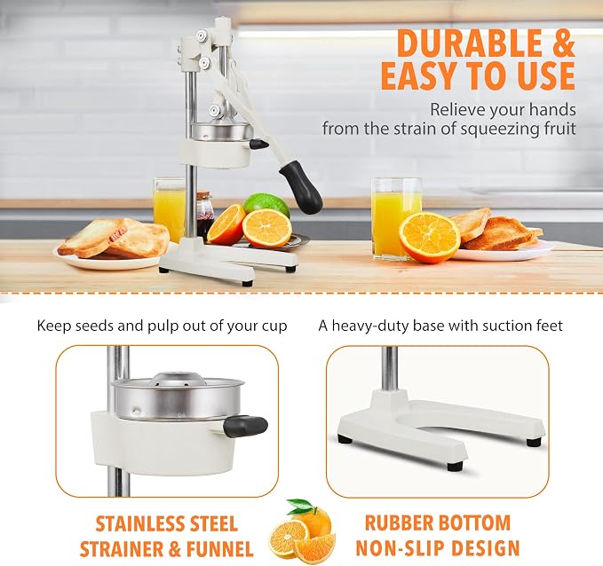 19 Inch Height Extra Tall Commercial Heavy Duty Cast Iron Hand Press Manual Orange Citrus Lemon Lime Grapefruit Pomegranate Fruit Juice Squeezer Machine with Stainless Steel Cup White