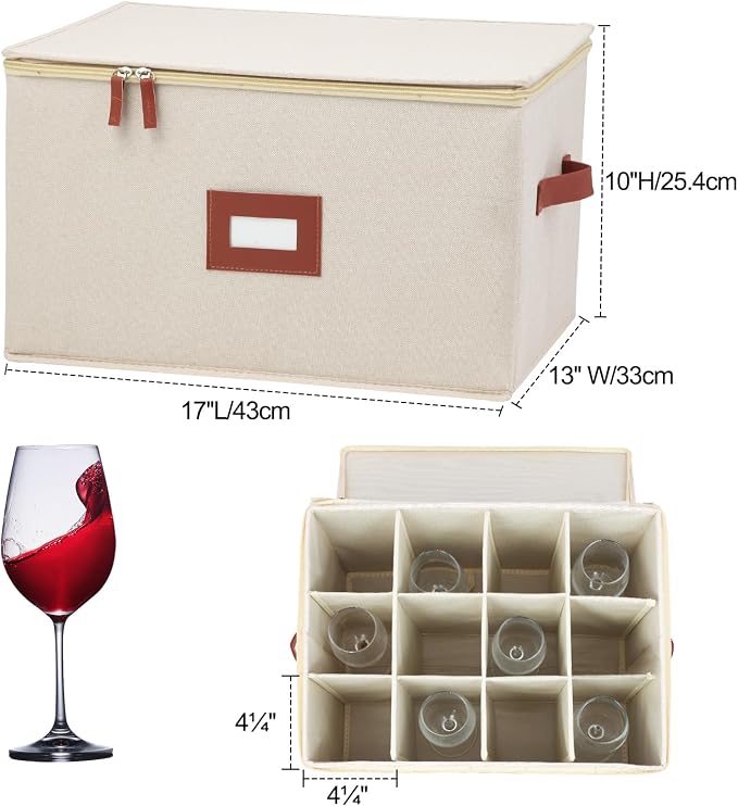 Stemware Storage Cases 2 Pack, Wine Glass Storage Box with Dividers for 24 Glassware or Crystal, Moving Supplies, China Storage Containers, Hard Top, Sides and Stackable (Beige)