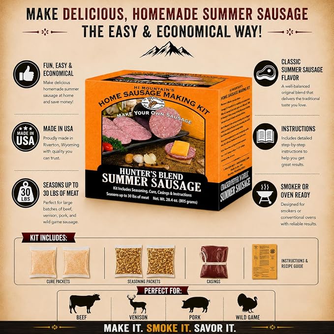 Hi Mountain CRACKED PEPPER 'N GARLIC Summer Sausage Kit | Complete sausage seasoning kit. Includes: Seasoning, cure & 10 casings. Beef, pork, venison, deer, elk. Makes up to 30 lbs