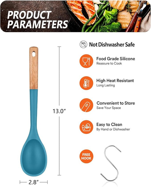 Large Silicone Cooking Spoons, Nonstick Solid Wooden Handle Spoon, Heat Resistan Silicone Kitchen Spoons for Cooking, Serving, Basting, Mixing, 13.2inch (BLUE)