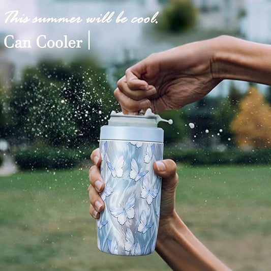 4-in-1 Slim Can Cooler Easy to Hold Insulated Beer Can Holder Double-Walled Stainless Steel for All 12 Oz Cans Blue Butterfly