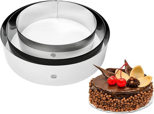 NewlineNY Stainless Steel Cake Mousse Rings for creating Round Appetizers, Molded Salads, Cakes, Mousse and Desserts, 3 Round Cake Mousse Flan Rings 8", 9.5" 10.5" Set