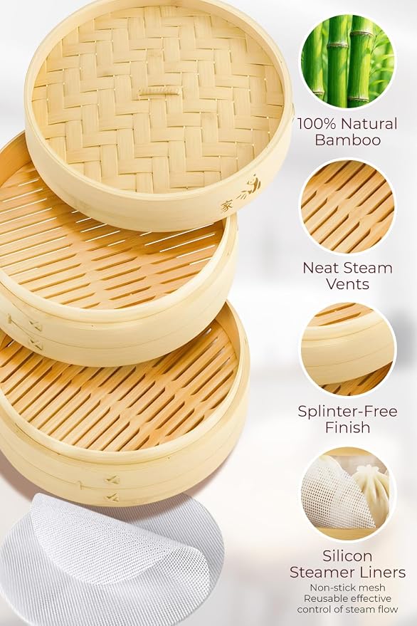 Bamboo Steamer Basket - Cook Delicious Meals with Authentic Flavor at Home | 8 Inch, 2 Tiers + 50 Liners - Compact Basket Steams Bao, Dumplings, Rice and Vegetables Together while Saving Kitchen Space