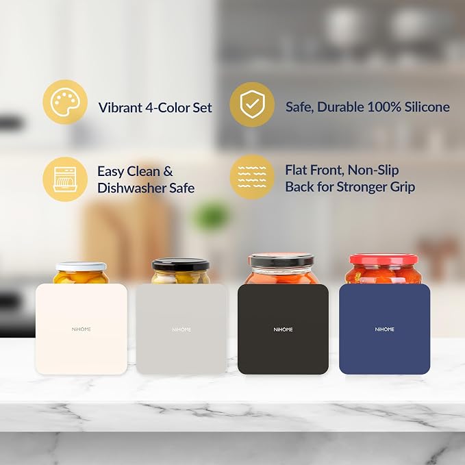 NIHOME Silicone Jar Opener – 6 Inch Large Anti-Slip Grip Pads, Premium 100% Food-Grade Silicone, Stylish Designer Colors, Multi-Purpose Heat-Resistant Mat & Coaster, Set of 4 (Neutral Colors, Square)