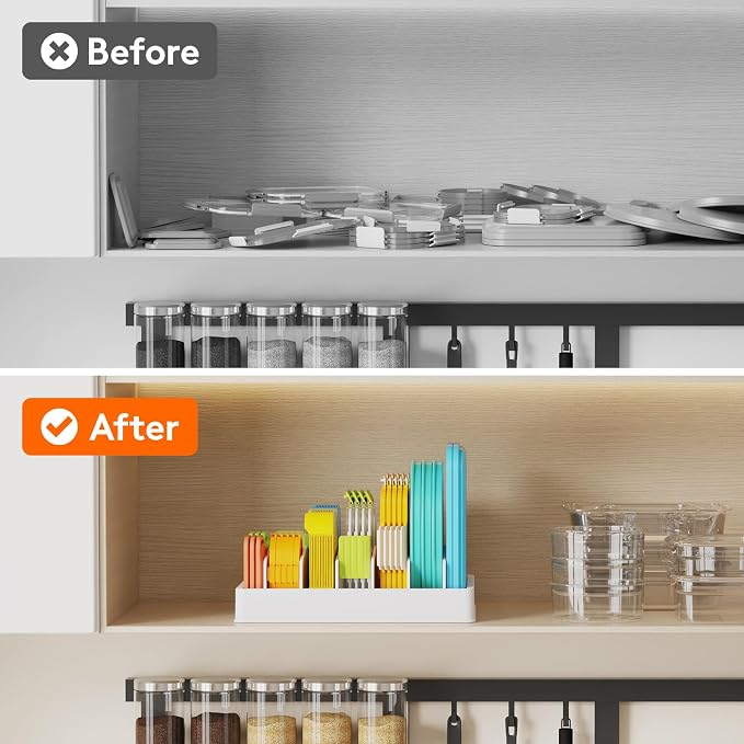 Lifewit Kitchen Cabinet Organizer for Food Contanier Lid with 7 Sections | Lid Holder with 6 Adjustable Dividers for Pantry Organizers and Storage, Home Drawer Organization, White, Large, 13" x 10"