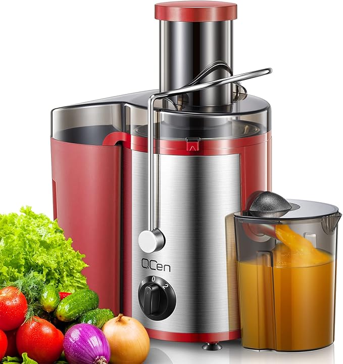 QCen Juicer Machine 500W Centrifugal Juicer with Extra Wide Feed Chute | For Fruits And Vegetables, Stainless Steel, BPA-Free Parts, Easy To Clean, Red, Compact Countertop Juicer