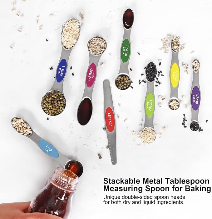Magnetic Measuring Spoons Set Stainless Steel with Leveler, 9pcs Multicolors Measuring Cups Set for Baking, Measuring Cups and Spoon Set Kitchen Gadgets Apartment Essentials Fits in Spice Jars