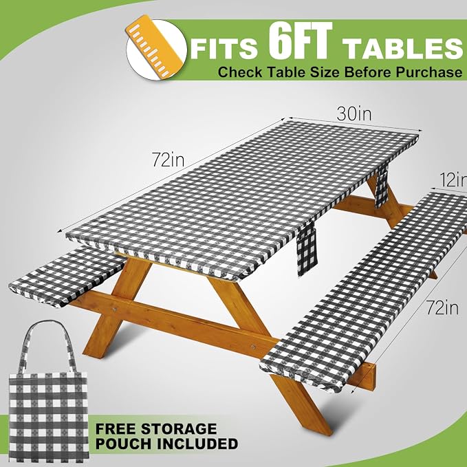 Fitted Picnic Table Cover with Bench Covers Waterproof Elastic Edges Rectangle Patio Tablecloth Outdoor Camping Essentials Stuff Rv Accessories Summer Trip Travel Supplies Party Camper Gifts, 6 ft