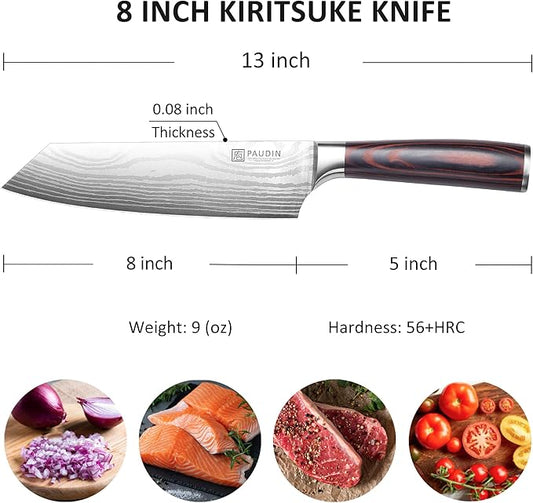 PAUDIN Chef Knife, Sharp High Carbon Stainless Steel Kitchen Knife with Sheath, 8 Inch Professional Santoku knives with Ergonomic Pakkawood Handle, Japanese Chopping Knifes Premium Gift Box