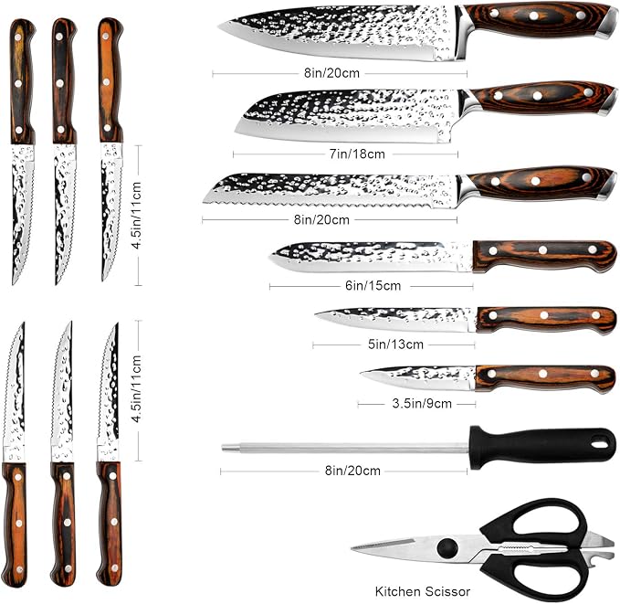 Kitchen Knife Set,15-Piece Knife Set With Block Wooden,Self Sharpening For Chef Knife Set,High Carbon Japan Stainless Steel Hammered Collection Knife Block Set with Steak Knives, Boxed Knife Set | Hammered Collection, Japan Stainless Steel, with 6Pcs S...