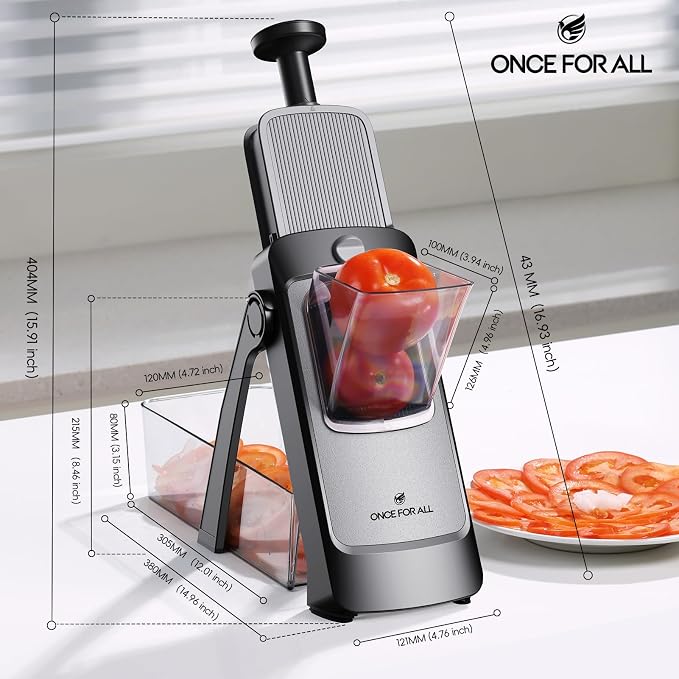 ONCE FOR ALL Safe Mandoline Slicer Pro, Veggie Slicer with Container, Black | 4th Gen, 0.1-8mm Adjustable Kitchen Mandoline Slicer, Veggie Chopper Cutter For Potato Onion Fruit, Stainless Steel, Gift