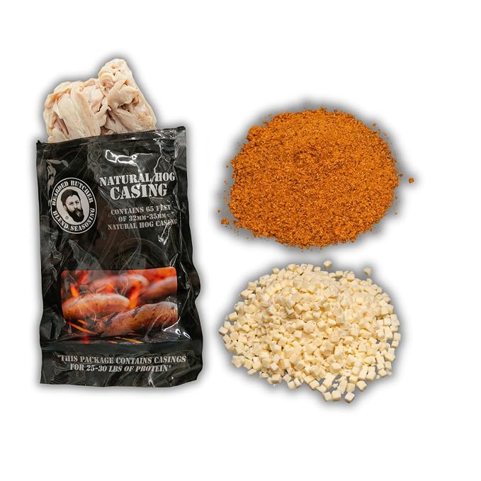 Bearded Butchers Cajun Bratwurst DIY Kit – Spicy Brats with Cajun Seasoning, High-Temp Pepper Jack Cheese & 32mm-35mm Natural Hog Casings – Great for Pork, Beef, Venison & More, Up to 25 lbs Meat