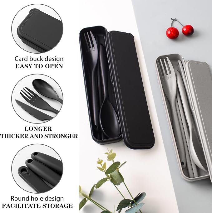 2 Sets Large Reusable Utensils Set with Case, Portable Cutlery Sets | Plastic, Black and Grey, Chopsticks Fork Spoon Knife Set with Lunch Box, For Camping Travel Daily Lunch Use Picnic Outdoor