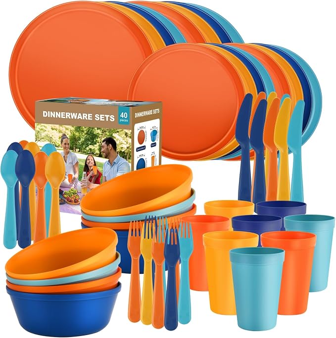 40 Piece Plastic Dinnerware Set for 8 with Cutlery, Unbreakable Plates and Bowls Set, Dishwasher & Microwave Safe Reusable Dish Set for Camping, RV, Outdoor Kitchen, Apartment Dining,Tropic Multicolor