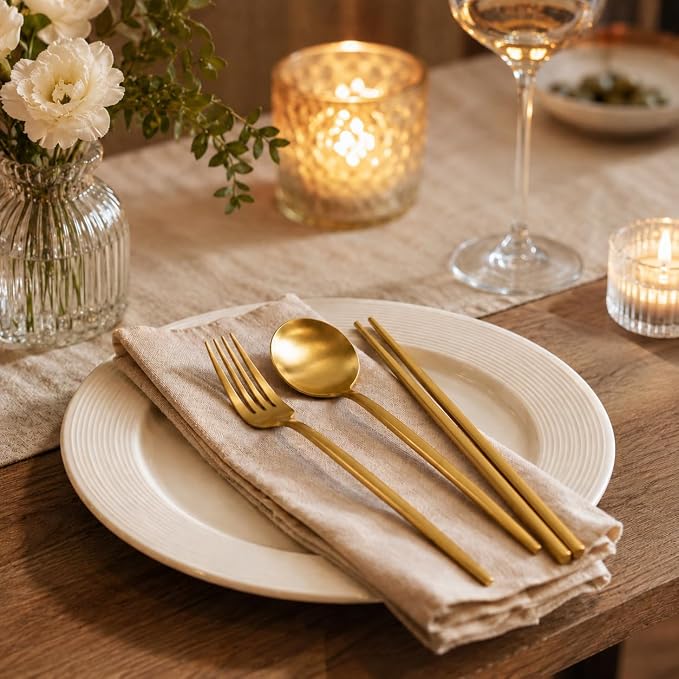 Matte Gold Utensils Set - 16-piece KiiZYs Cutlery Stainless Steel Silverware - Flatware Set Korean Chopsticks Fork Spoon Knife - Cubiertos Dorados Dishwasher Safe Gift Box (Gold, Service for 4)