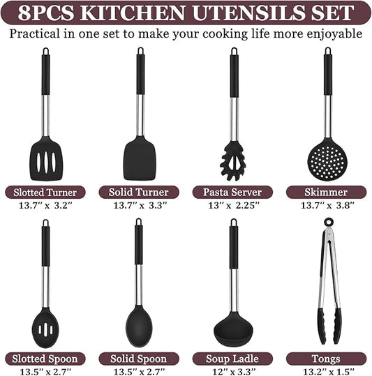 TeamFar Kitchen Utensils Set of 8, Silicone Utensils Kitchen Tools Set with Stainless Steel Handle, for Frying Serving Flipping Draining, Non-toxic & Heatproof, Nonstick & Dishwasher Safe - Black
