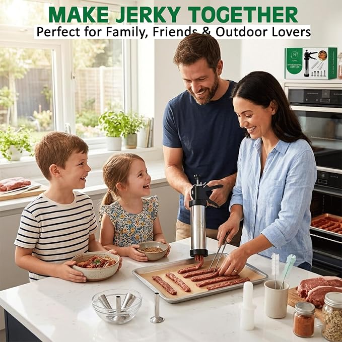 2LB Professional Jerky Gun Kits, Sausage Stuffer, Stainless Steel Jerky Maker, Jerky Shooter, Beef Jerky Making Gun with 5 Nozzles, 1 Meat Pusher, 5 Cleaning Brushes and Pair of Gloves