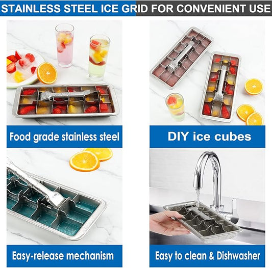 KAYCROWN 18/8 Stainless Steel Ice Cube Tray, 18 Slot Ice Tray with Easy Release Handle for Making Various Ice Cubes and Frozen Foods, Removable Slots for Easy Ice Cube Removal and Cleaning