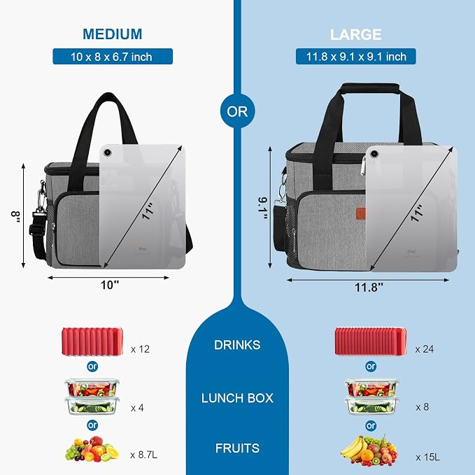 Lunch Bags for Women/Men, Insulated Lunch Bag for Work Office Picnic - Lunch Cooler Bag Leakproof Lunch Box with Adjustable Shoulder Strap - Grey(8.7L)