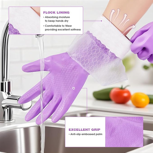 Elgood Reusable Long Dishwashing Cleaning Gloves with Latex Free, Long Cuff,Cotton Lining,Kitchen Gloves 2 Pairs,Purple+Blue Medium