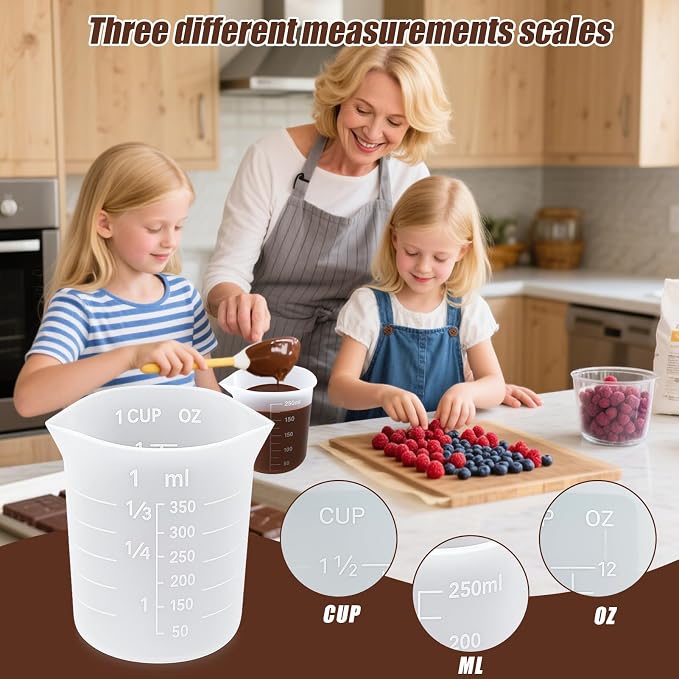 Juome Silicone Chocolate Melting Cup Set with 4PCS Silicone Measuring Cups for Melting Chocolate (250ml, 350ml) & 4PCS Jar Spatulas, Heat-Resistant, Baking Supplies Accessories for DIY Chocolate Molds