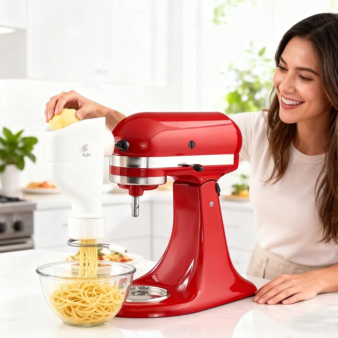 KITOART Pasta Press Attachment for Kitchenaid Stand Mixers, 7-in-1 Plates | Pasta Extruder Kit with 7 Plates for Spaghetti, Rigatoni, Macaroni, Lasagna, Bucatini, Fusilli, Easy for Fresh Homemade Pasta