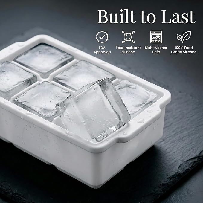 KitchFort® Large Silicone Ice Cube Tray (2-Pack) - 2" Big Ice Mold with Lid | Easy Release, Cocktail, Whiskey Ice Cubes Mold - Food Grade - Ice Cube Trays for Freezer - Stackable Silicone Ice Tray