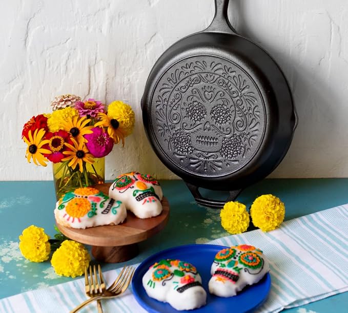 Lodge 10.25 Inch Pre-Seasoned Cast Iron Stamped Skillet - Signature Teardrop Handle - Use in the Oven, on the Stove, on the Grill, or Over a Campfire - Sugar Skull