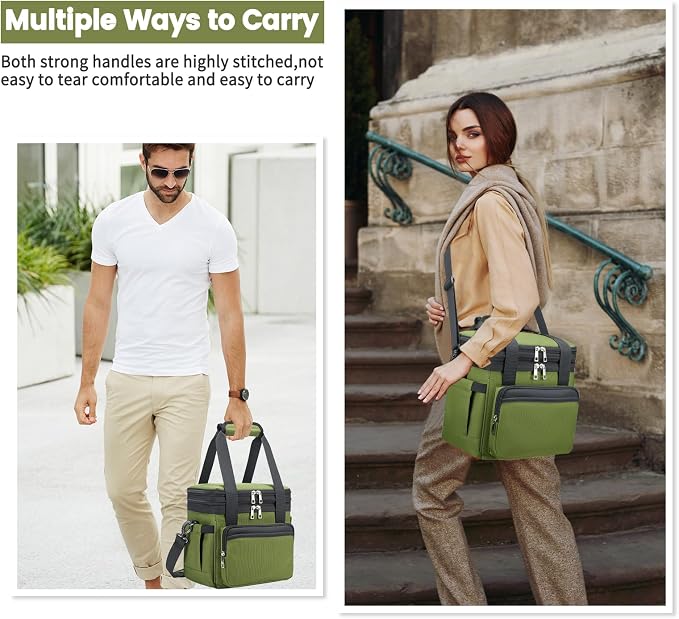 holuxer Insulated Lunch Bag & Lunch Box for Men - Double Deck Reusable Lunch Bag for Women Tote Cooler Bag Leakproof Soft Expandable - Large Lunchbox for Work/Adult/Picnic/Outdoor (Green，15L)