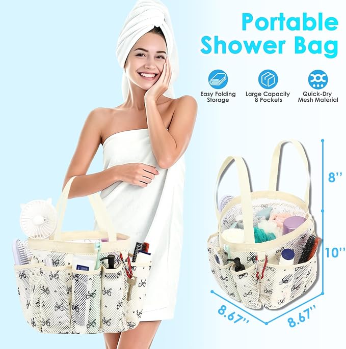 Fammart Mesh Shower Caddy Portable for College Dorm Room Essentials, Odorless Polyester Large Shower Tote Bag with Dual Handles, 8-Pocket Quick-Dry Toiletry Organizer for Travel, Beach, Camping, Gym