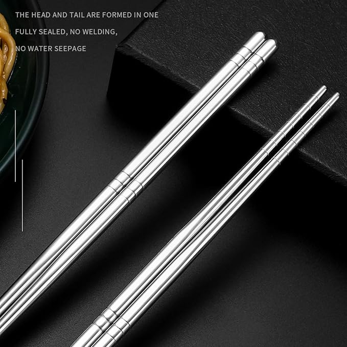Stainless Steel Chopsticks, 5 Pairs Square Lightweight Non-Slip Korean Chopsticks, 9.5" Chop Sticks Reusable for Home Hotel Restaurant, Dishwasher Safe