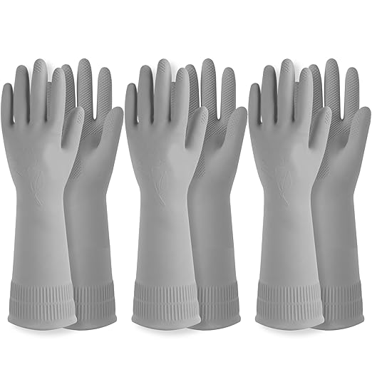 DABOGOSA Reusable Waterproof Household Dishwashing Cleaning Rubber Gloves, Non-Slip Kitchen Glove (Grey, Medium (Pack of 3))