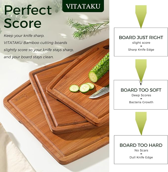 3-Piece Bamboo Cutting Boards for Kitchen with Wood Storage Stand | Reversible Charcuterie & Wooden Cutting Board Set with Juice Grooves and Easy-Grip Handles, Great Kitchen Gift