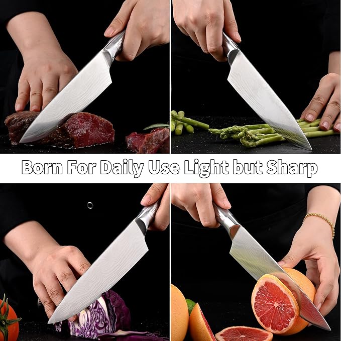 Chef Knife 10 inch Kitchen Knife Damascus Pattern Stainless Steel with Non-slip Hollow Handle