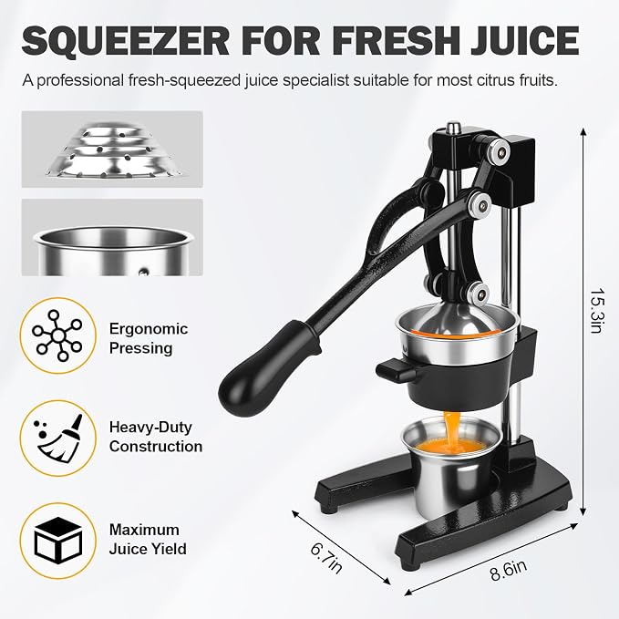 Lemon Squeezer Manual Citrus Juicer Press, Heavy Duty Cast Iron Orange Juicer with Stainless Steel Cone, Commercial Lever Juice Press for Lemon, Lime & Citrus Fruits, Easy to Clean