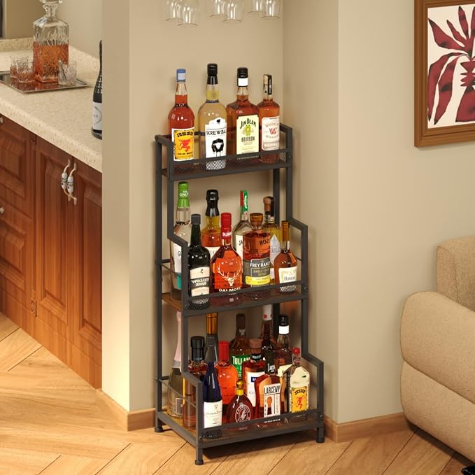 Trapezoid Liquor Stand, 3 Tier Liquor Cabinet, Wine Bottle Display Shelf for Home Bar, Mini Corner Liquor Bottle Display Stand for Whiskey, Wine, Stepped Wine Rack Freestanding Floor