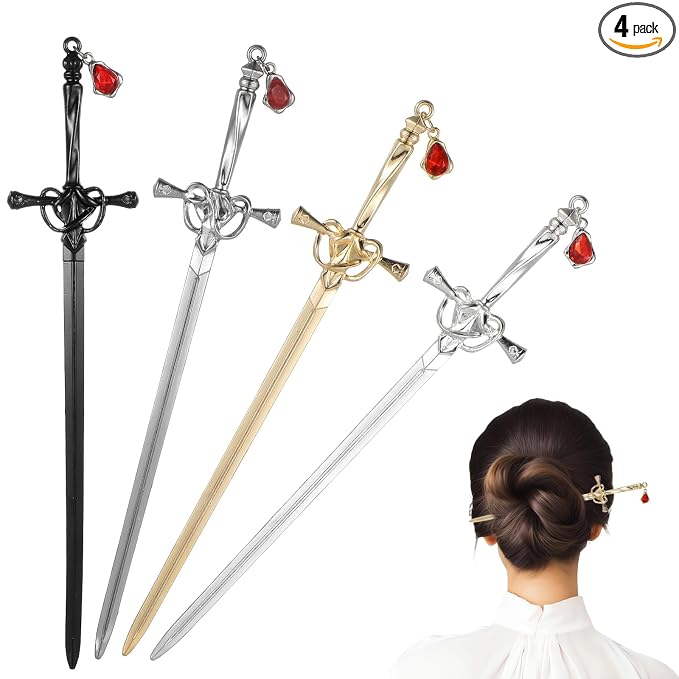 4 PCS Sword Hair Chopsticks for Women, Ancient Style Sword Hair Pin Chinese Hair Accessories Classic Vintage Flower Hair Pin Sticks for Buns Long Straight Hair Fork Pins for Women Girls Gift (4 Color)