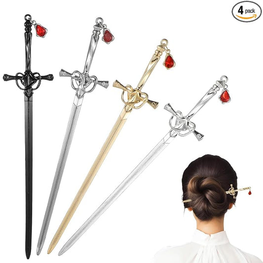 4 PCS Sword Hair Chopsticks for Women, Ancient Style Sword Hair Pin Chinese Hair Accessories Classic Vintage Flower Hair Pin Sticks for Buns Long Straight Hair Fork Pins for Women Girls Gift (4 Color)
