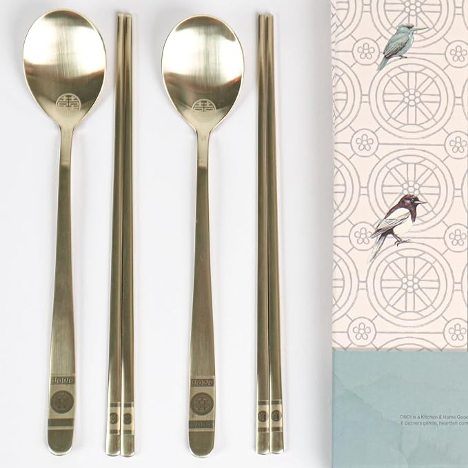 ONGI Korean Spoon and Chopstick 2 Set – Premium 18/10 Titanium Gold – Double Happiness Design – Gift-Ready – Made in Korea – Dishwasher Safe (Hee Pattern Gold 2 Set)