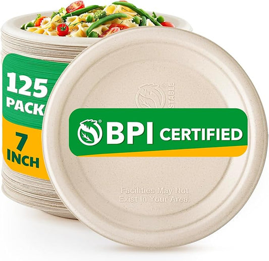 125 Count Compostable Paper Plates, 7 Inch, Heavy Duty Disposable Plates by Biodegradable Bagasse, Dessert Plates Bulk for Party | Microwave-Safe | Soak-Resistant, Cut Resistant
