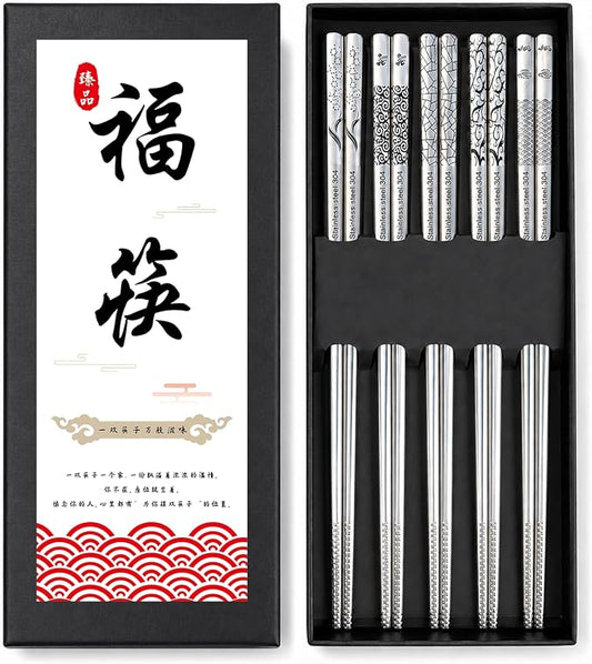 5 Pairs LeviLevo Metal Chopsticks Reusable, Chop Sticks for Sushi, Korean & Japanese Dining, Premium Dishwasher Safe Stainless Steel