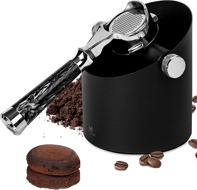 Espresso Knock Box, Coffee Grounds Container, Large 15-Puck Capacity - Shock Absorbent Silent Silicone Bar & Non-Slip Base, Slanted Mouth Trash Can for Home Barista, Espresso Accessories (Black)