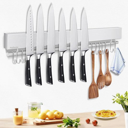 20 inch magnetic knife holder with 10 hooks, no drilling knife magnetic strip, and utensil hanger for wall. Powerful knife magnet rack includes tape and screw
