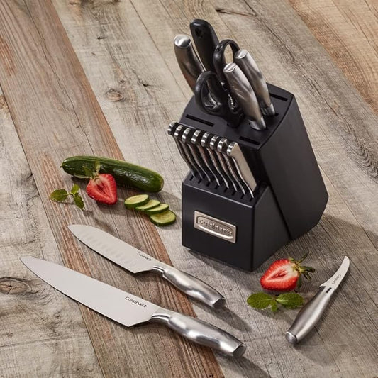 CUISINART Block Knife Set, 17pc Cutlery Knife Set with Steel Blades for Precise Cutting, Lightweight, Stainless Steel, Durable & Dishwasher Safe, C77SS-17P