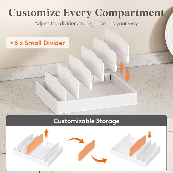 Lifewit Kitchen Cabinet Organizer for Food Contanier Lid with 7 Sections | Lid Holder with 6 Adjustable Dividers for Pantry Organizers and Storage, Home Drawer Organization, White, Large, 13" x 10"
