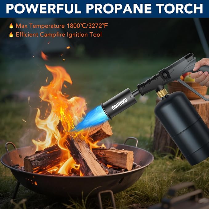 Sondiko Powerful Propane Torch Gun, Adjustable Flamethrower, Gray & Black | Cooking Torch for Sous Vide, Charcoal Starter, Grilling, Outdoor BBQ Party and Camping, Gas Welding Kits, Tank Not Included