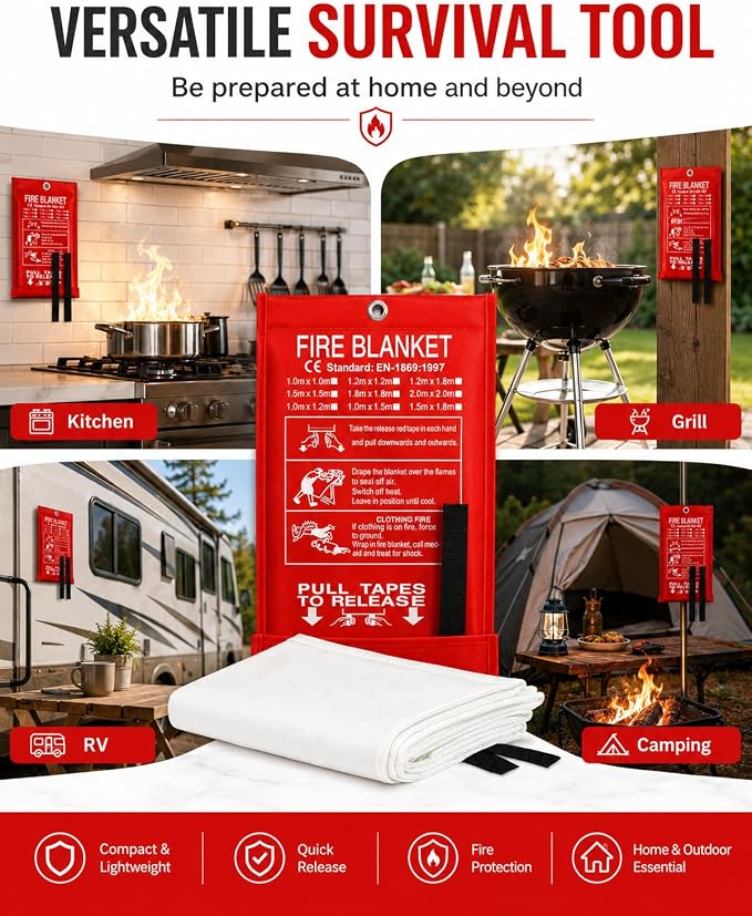 Ougist 2 Pack Emergency Fire Blanket for Home and Kitchen, 40"x40" Fire Blankets for Safety, Fiberglass Flame Suppression for Grill, RV & Camping, Peace of Mind for Your Family