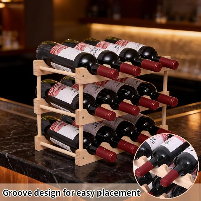 Wooden Wine Rack, countertop Wine Rack, 8-Bottle Stackable Wine Storage Rack, DIY Assembled Wine Holder, Used in Kitchens, countertops, etc (3 Layers of 12 Bottles)