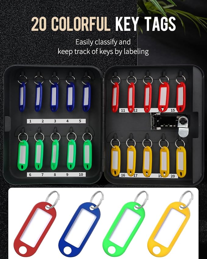 Uniclife 20-Key Steel Key Cabinet, Black Key Box with Combination Lock | Resettable Digital Security Storage Box, Wall-Mounted Key Organizer with Colorful Key Tag Labels for Schools and Companies